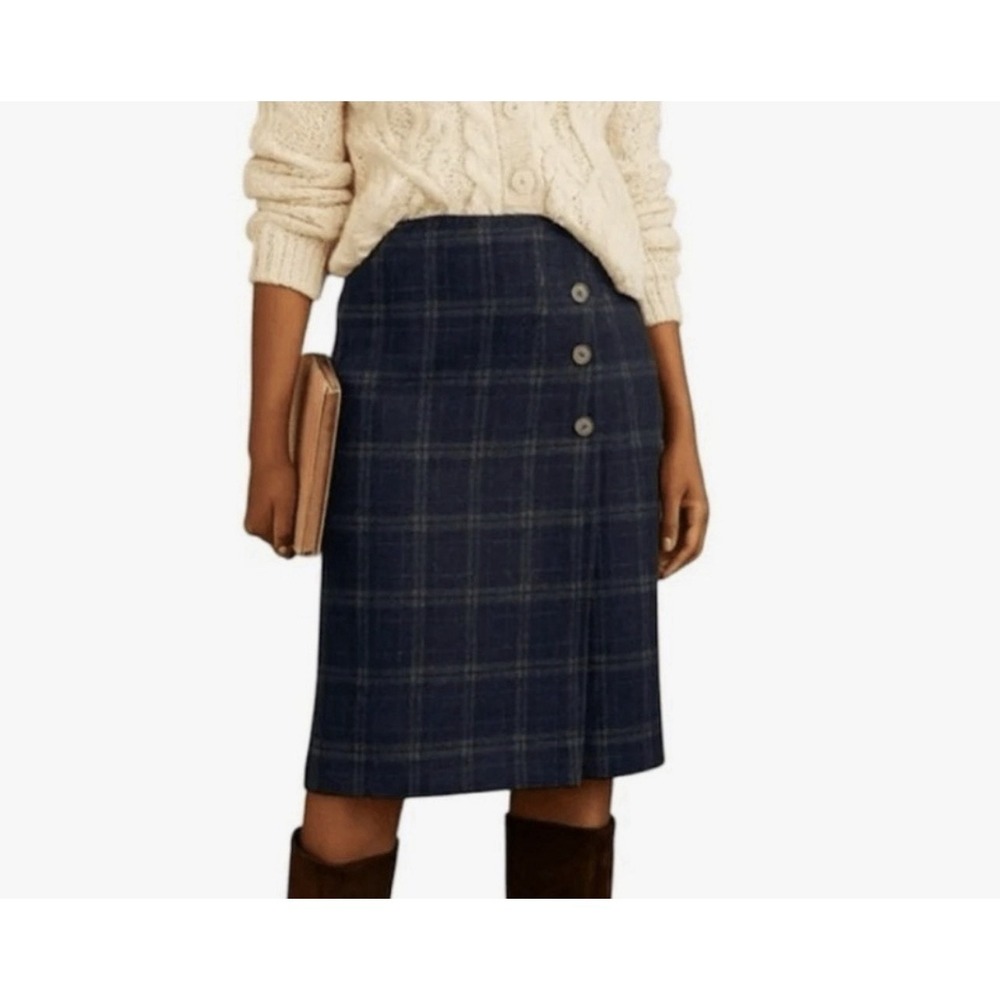 J. Jill Skirt XL Blue Grey Plaid A-Line Wrap Front Stretch Pull On Knee Length